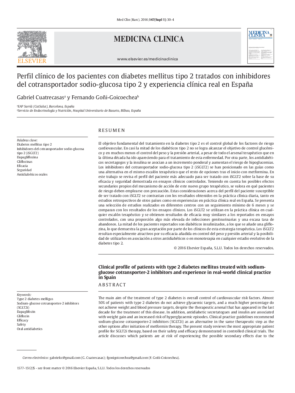 Perfil clÃ­nico de los pacientes con diabetes mellitus tipo 2 tratados con inhibidores del cotransportador sodio-glucosa tipo 2 y experiencia clÃ­nica real en España