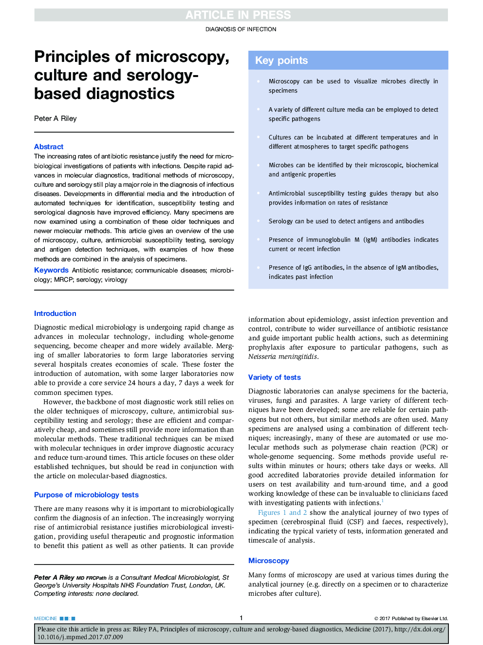 Principles of microscopy, culture and serology-based diagnostics
