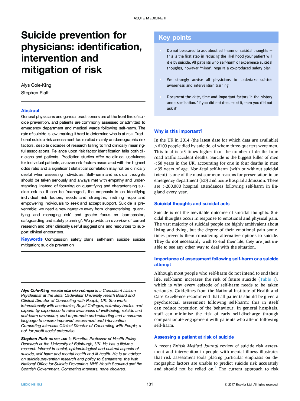 Suicide prevention for physicians: identification, intervention and mitigation of risk