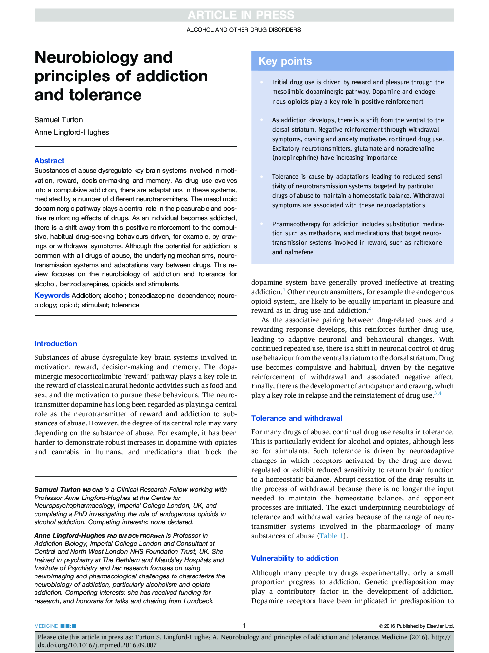 Neurobiology and principles of addiction and tolerance