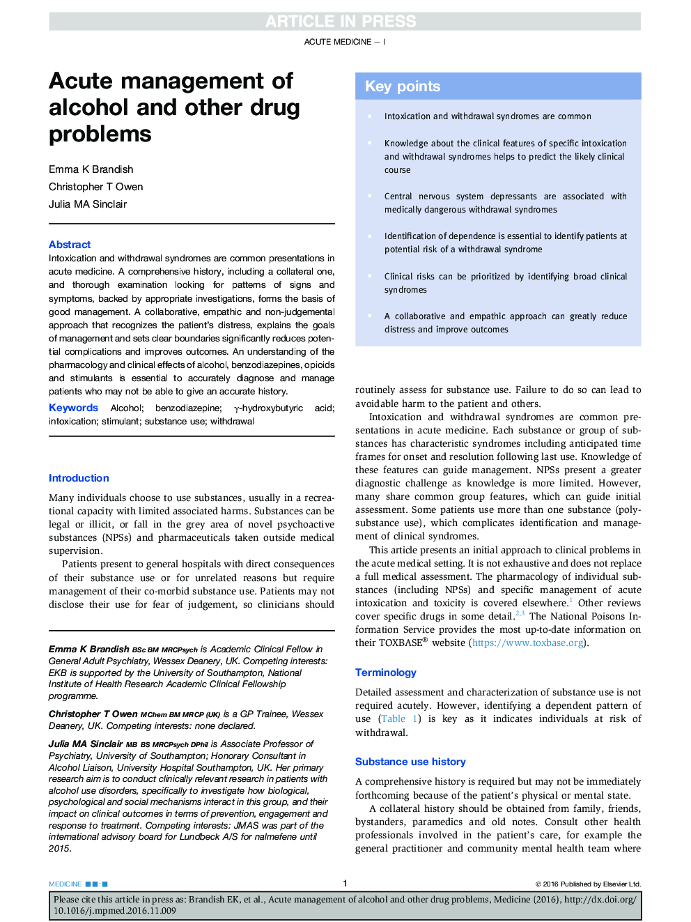 Acute management of alcohol and other drug problems