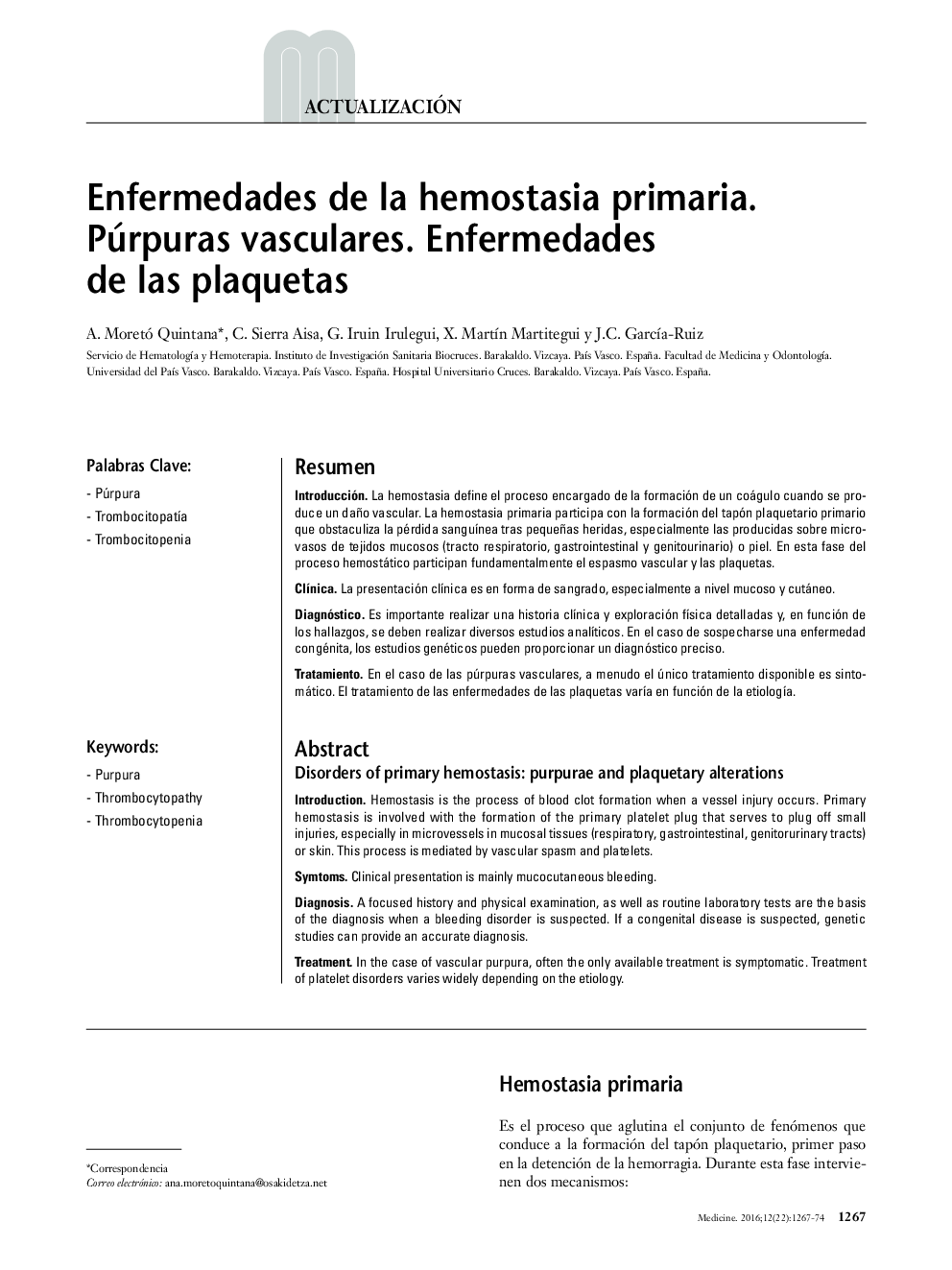 Enfermedades de la hemostasia primaria. Púrpuras vasculares. Enfermedades de las plaquetas