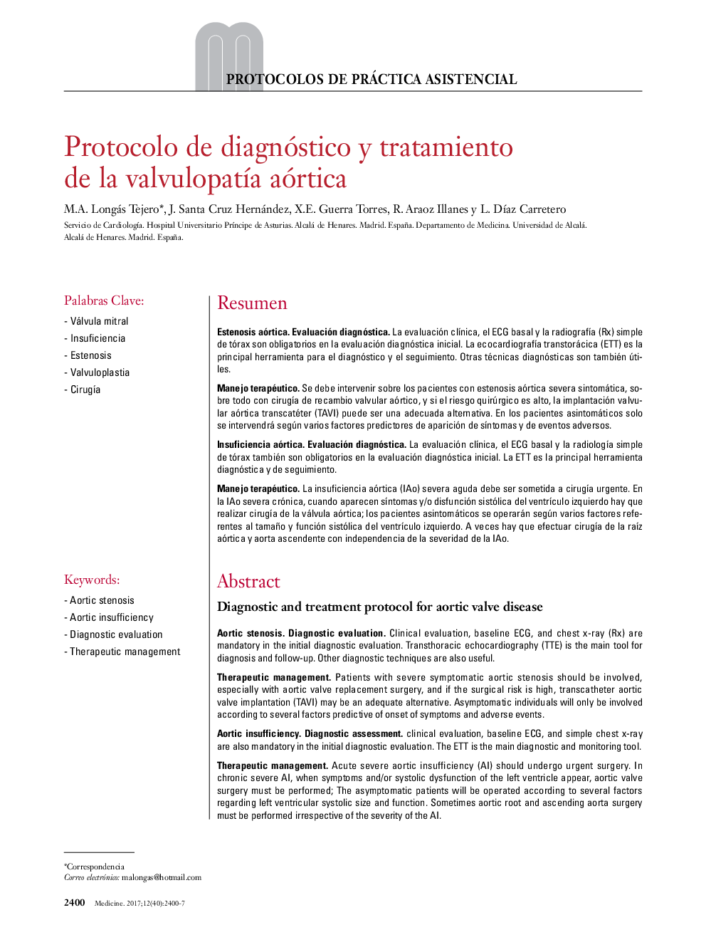 Protocolo de diagnóstico y tratamiento de la valvulopatÃ­a aórtica