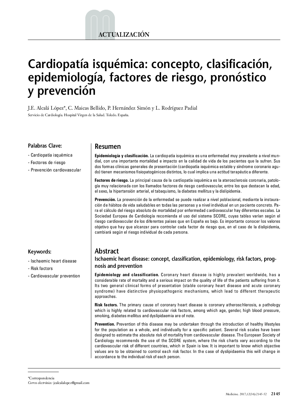 CardiopatÃ­a isquémica: concepto, clasificación, epidemiologÃ­a, factores de riesgo, pronóstico y prevención