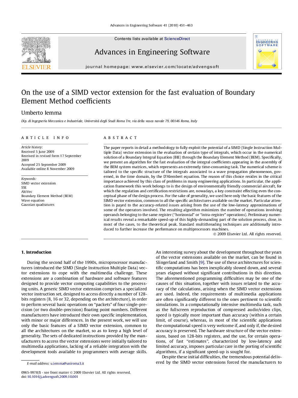 On the use of a SIMD vector extension for the fast evaluation of Boundary Element Method coefficients