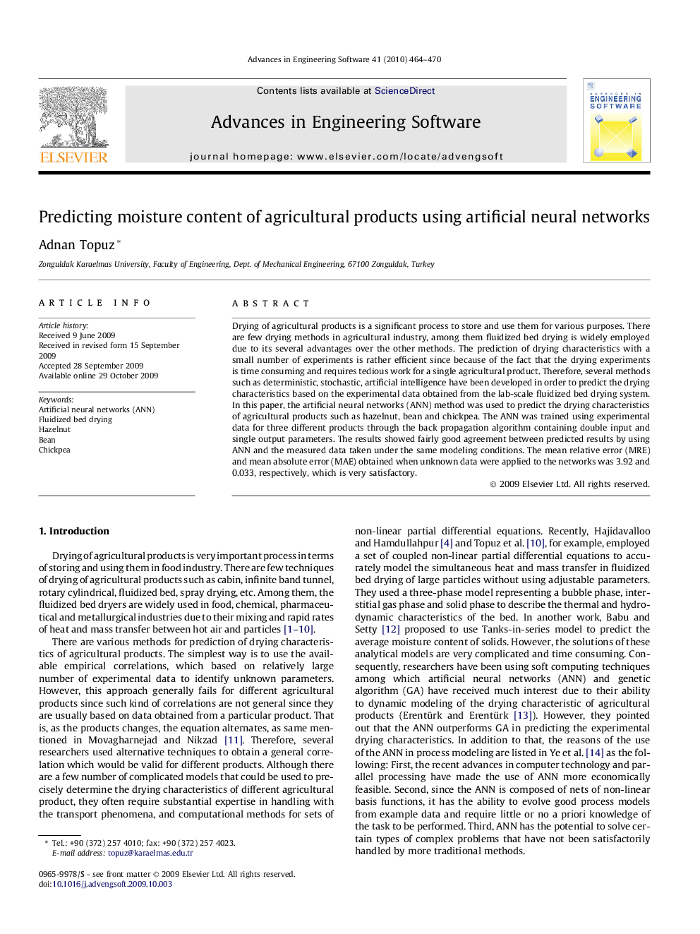 Predicting moisture content of agricultural products using artificial neural networks