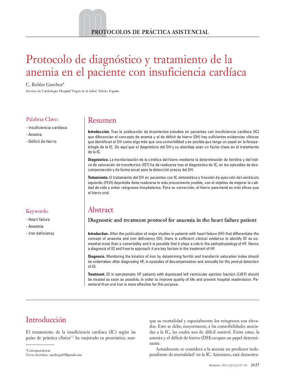 Protocolo de diagnóstico y tratamiento de la anemia en el paciente con insuficiencia cardÃ­aca