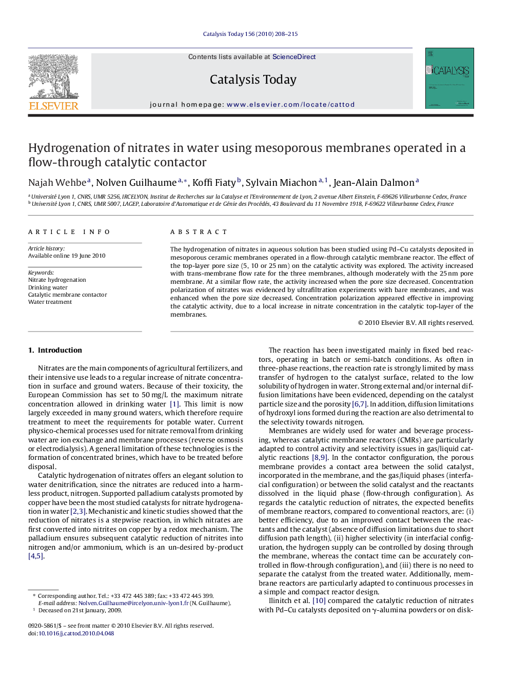 Hydrogenation of nitrates in water using mesoporous membranes operated in a flow-through catalytic contactor