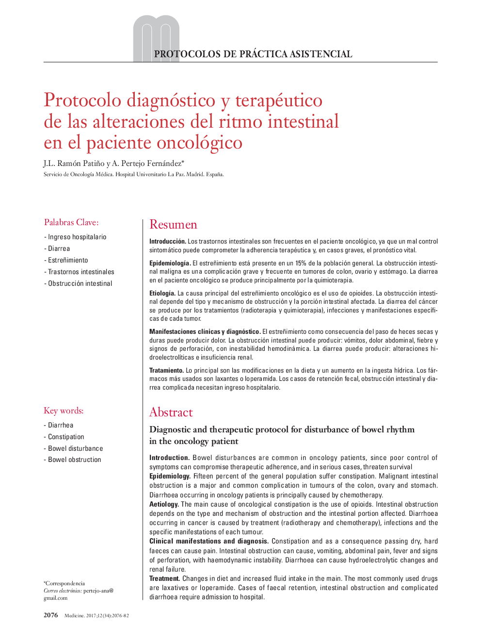 Protocolo diagnóstico y terapéutico de las alteraciones del ritmo intestinal en el paciente oncológico