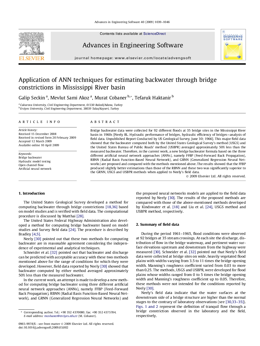 Application of ANN techniques for estimating backwater through bridge constrictions in Mississippi River basin