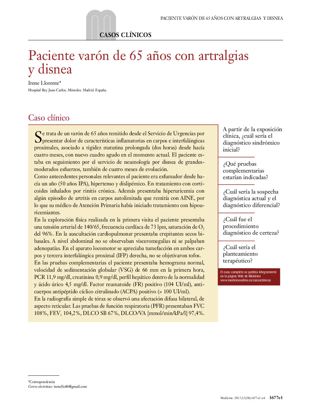 عکس صفحه اول مقاله: Paciente varón de 65 años con artralgias y disnea Paciente varón de 65 años con artralgias y disnea