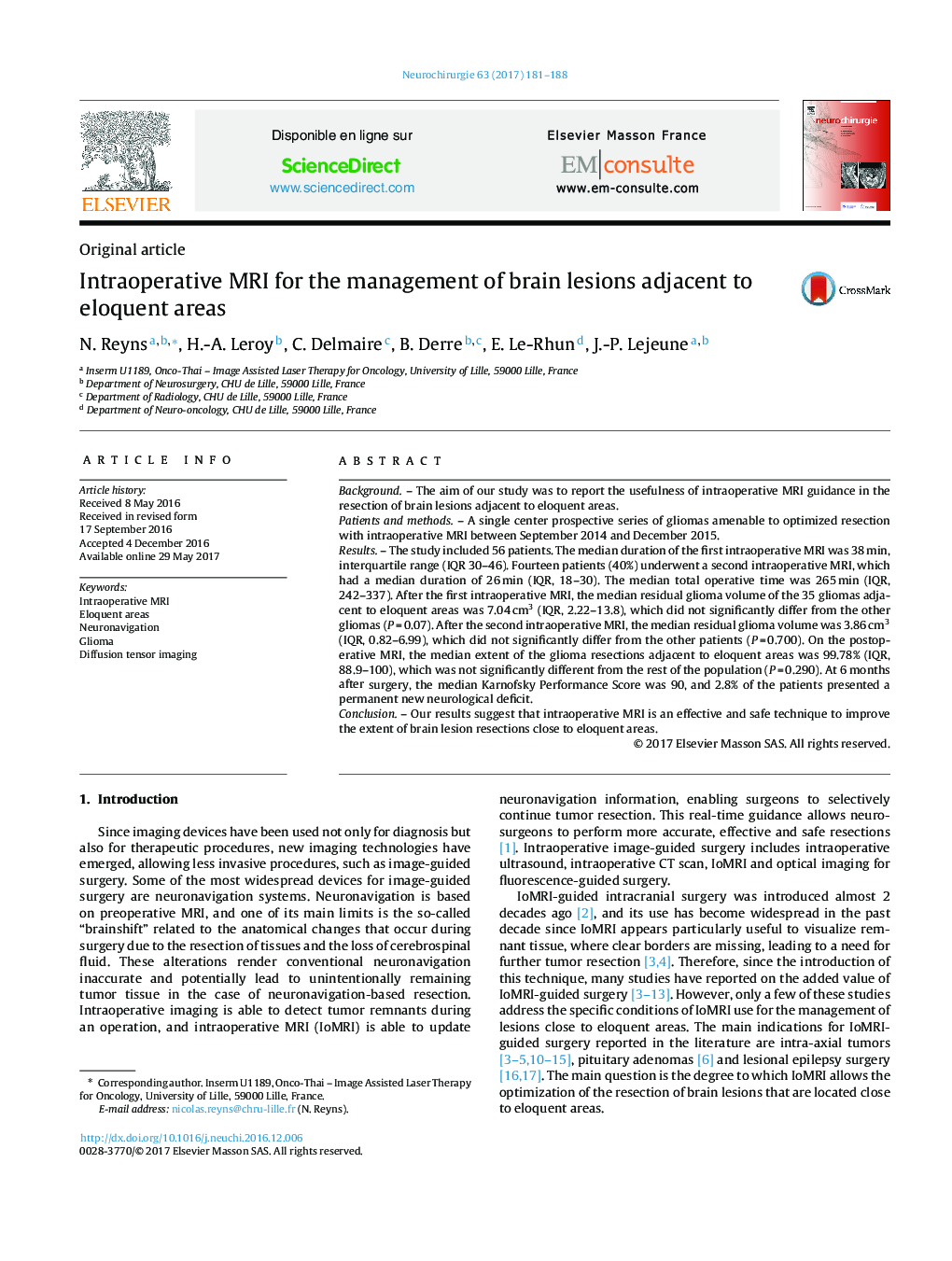 Intraoperative MRI for the management of brain lesions adjacent to eloquent areas