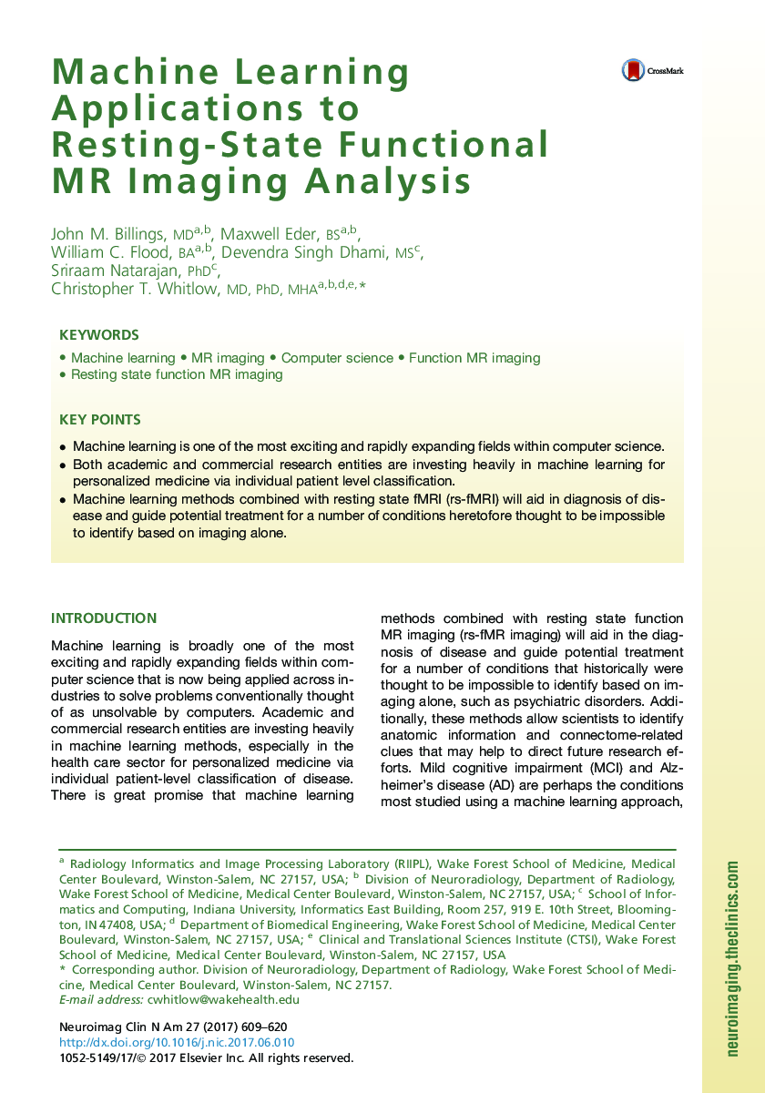 Machine Learning Applications to Resting-State Functional MR Imaging Analysis