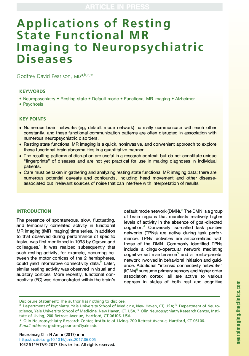 Applications of Resting State Functional MR Imaging to Neuropsychiatric Diseases