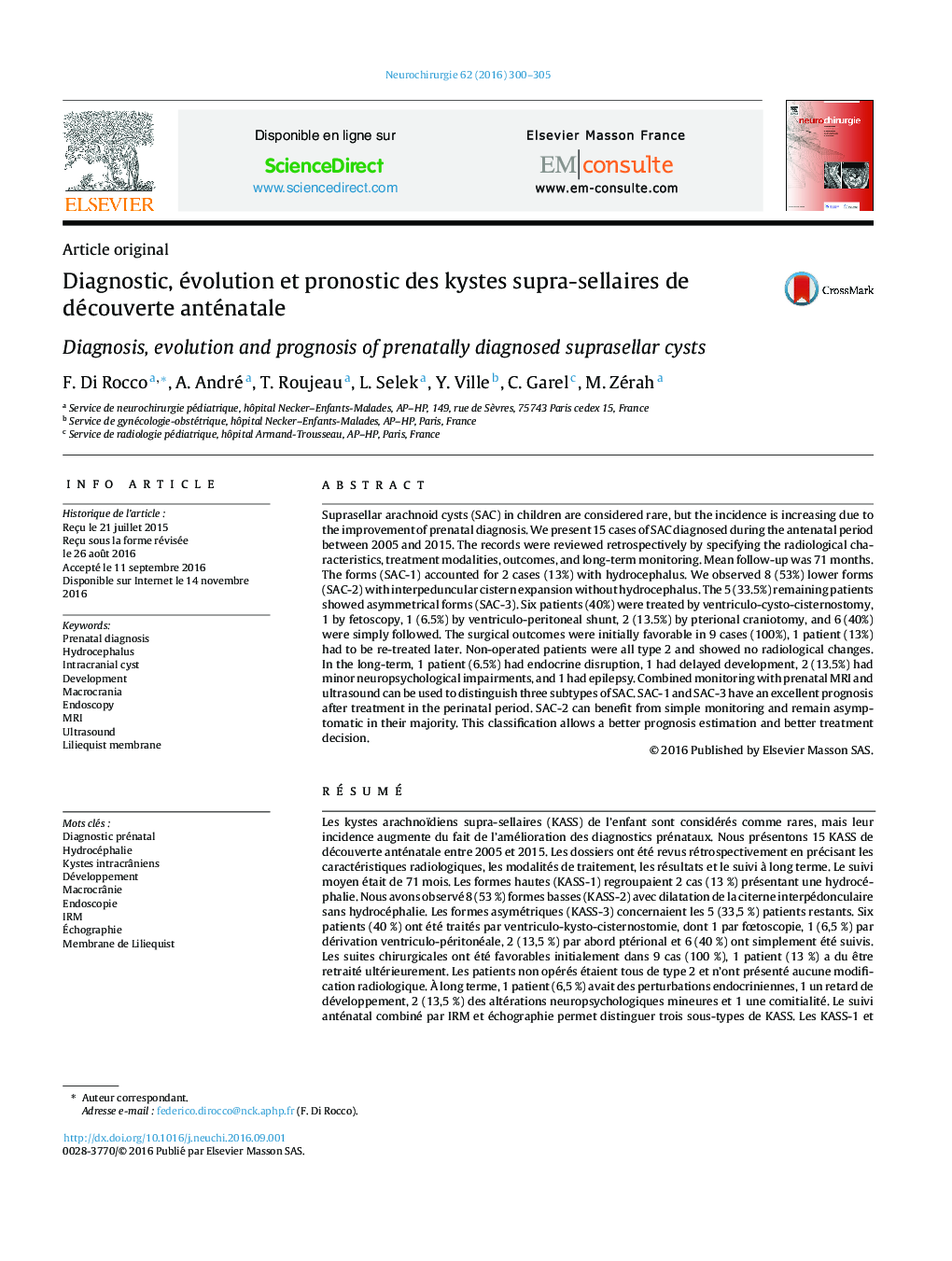 Diagnostic, évolution et pronostic des kystes supra-sellaires de découverte anténatale