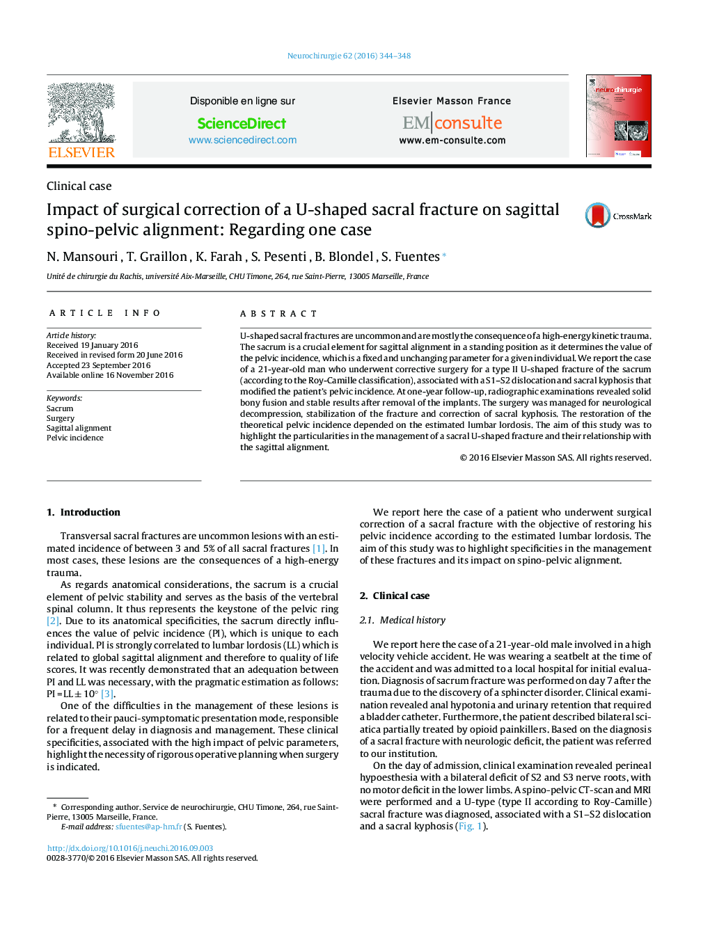 Impact of surgical correction of a U-shaped sacral fracture on sagittal spino-pelvic alignment: Regarding one case