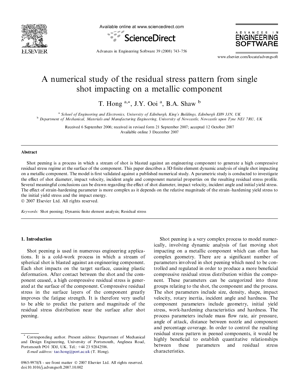 A numerical study of the residual stress pattern from single shot impacting on a metallic component