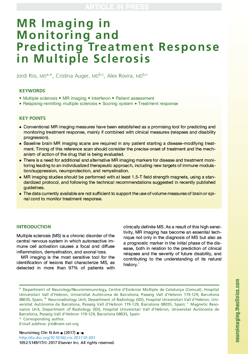 MR Imaging in Monitoring and Predicting Treatment Response in Multiple Sclerosis