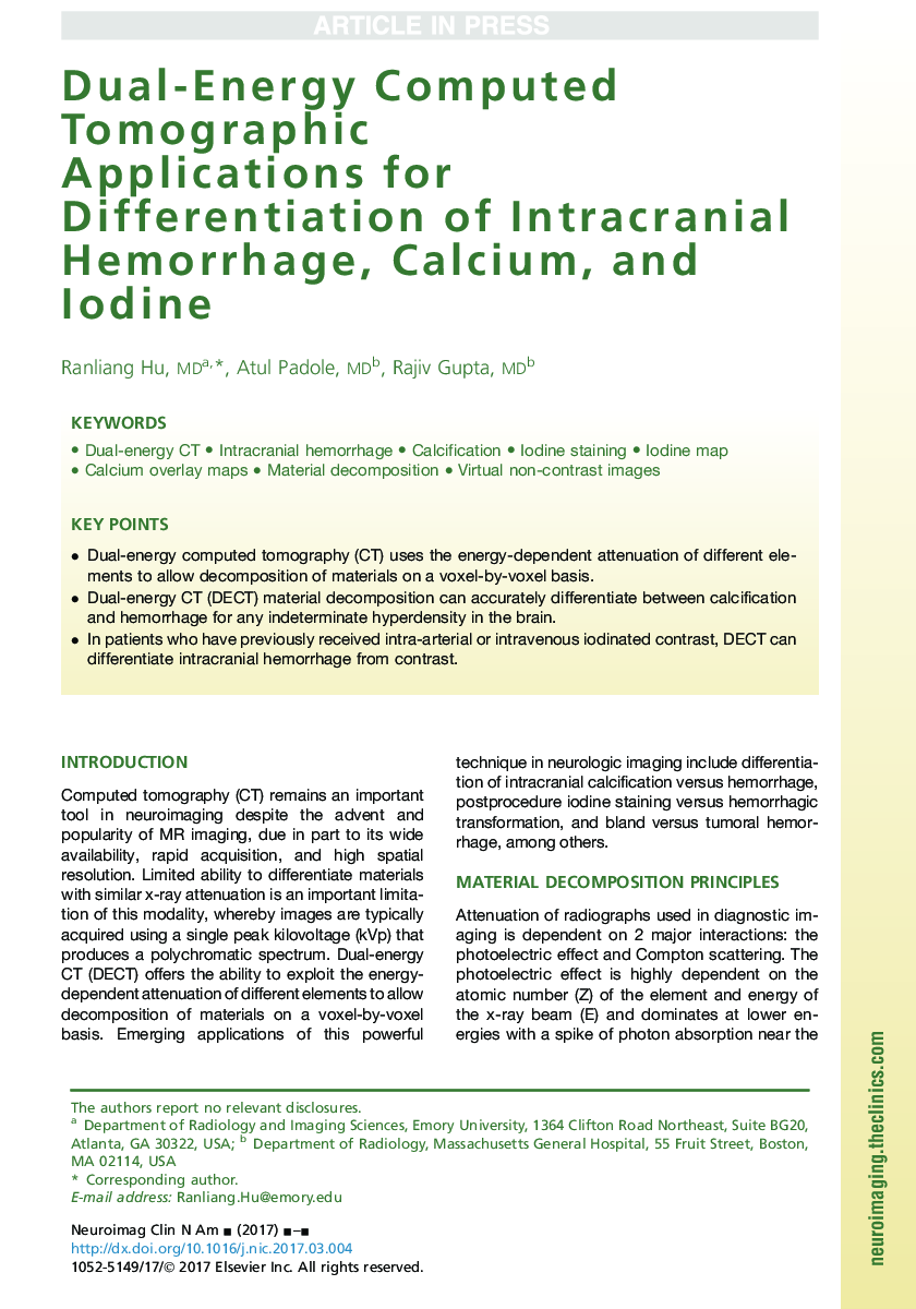 Dual-Energy Computed Tomographic Applications for Differentiation of Intracranial Hemorrhage, Calcium, and Iodine