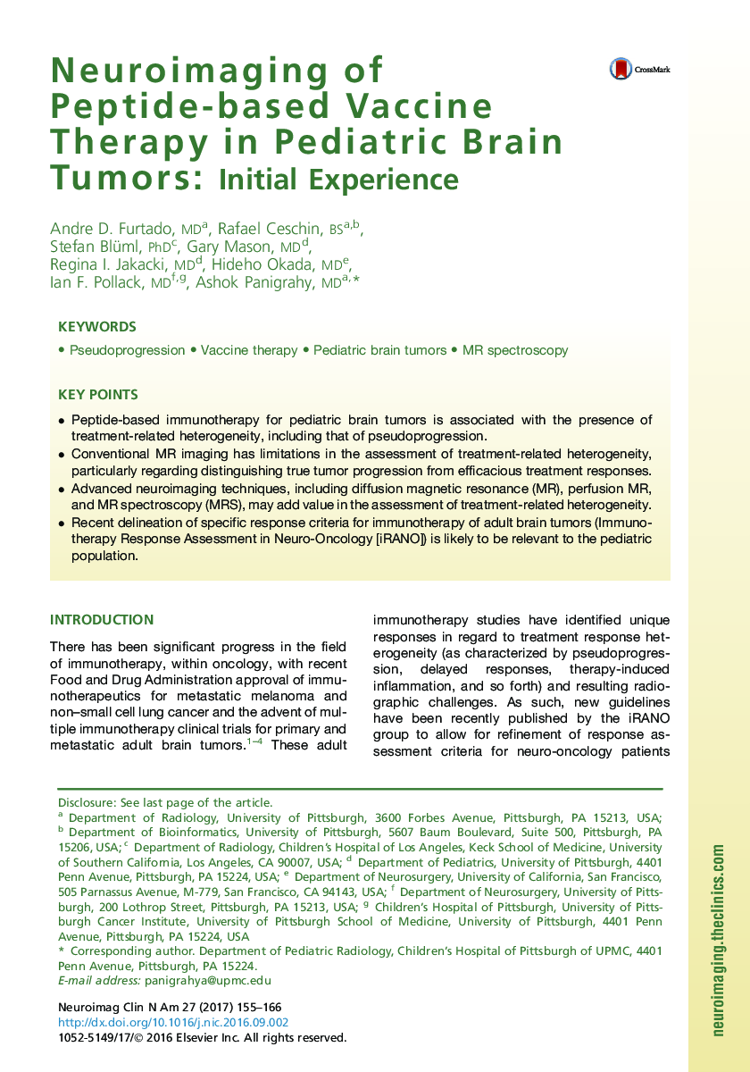 Neuroimaging of Peptide-based Vaccine Therapy in Pediatric Brain Tumors