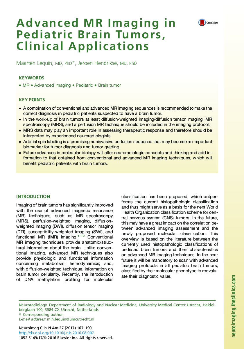 Advanced MR Imaging in Pediatric Brain Tumors, Clinical Applications