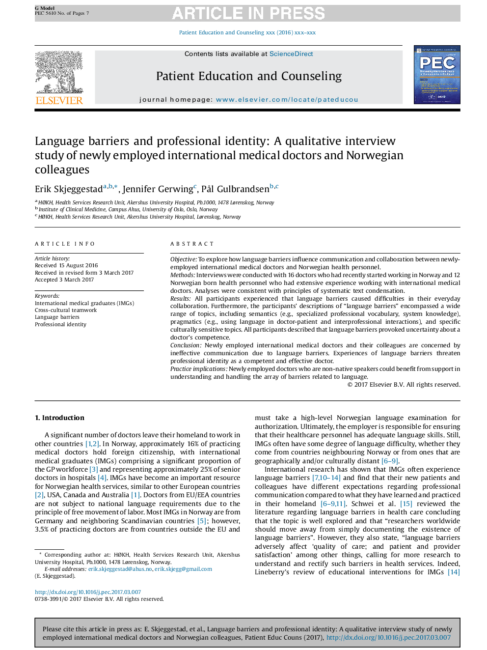 Language barriers and professional identity: A qualitative interview study of newly employed international medical doctors and Norwegian colleagues