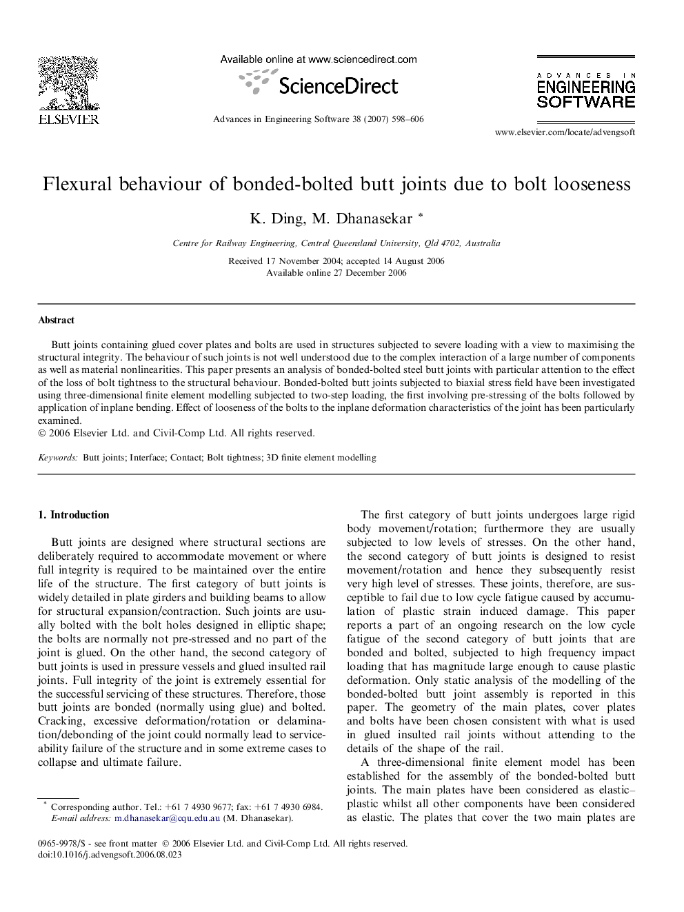 Flexural behaviour of bonded-bolted butt joints due to bolt looseness