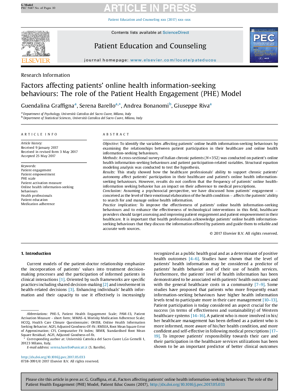 Factors affecting patients' online health information-seeking behaviours: The role of the Patient Health Engagement (PHE) Model