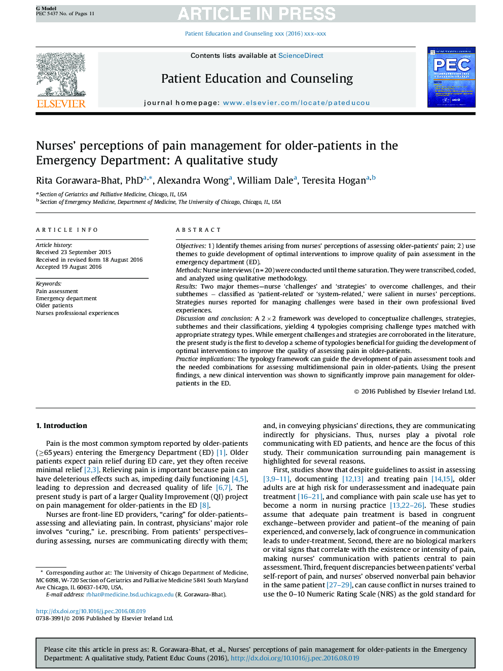 ادراک پرستاران از مدیریت درد در بیماران مسن تر در بخش اورژانس: یک مطالعه کیفی 