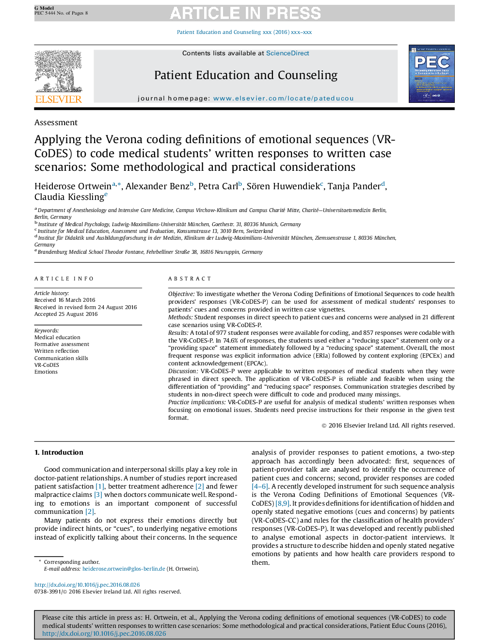 Applying the Verona coding definitions of emotional sequences (VR-CoDES) to code medical students' written responses to written case scenarios: Some methodological and practical considerations