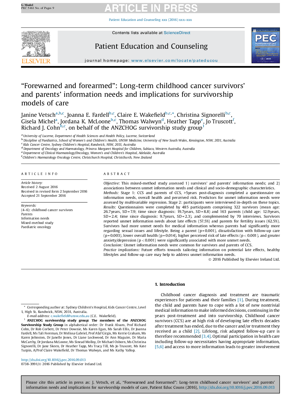 “Forewarned and forearmed”: Long-term childhood cancer survivors' and parents' information needs and implications for survivorship models of care