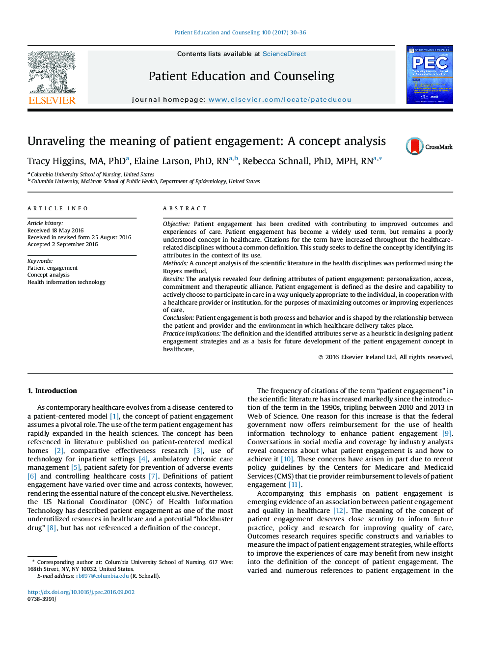 Unraveling the meaning of patient engagement: A concept analysis