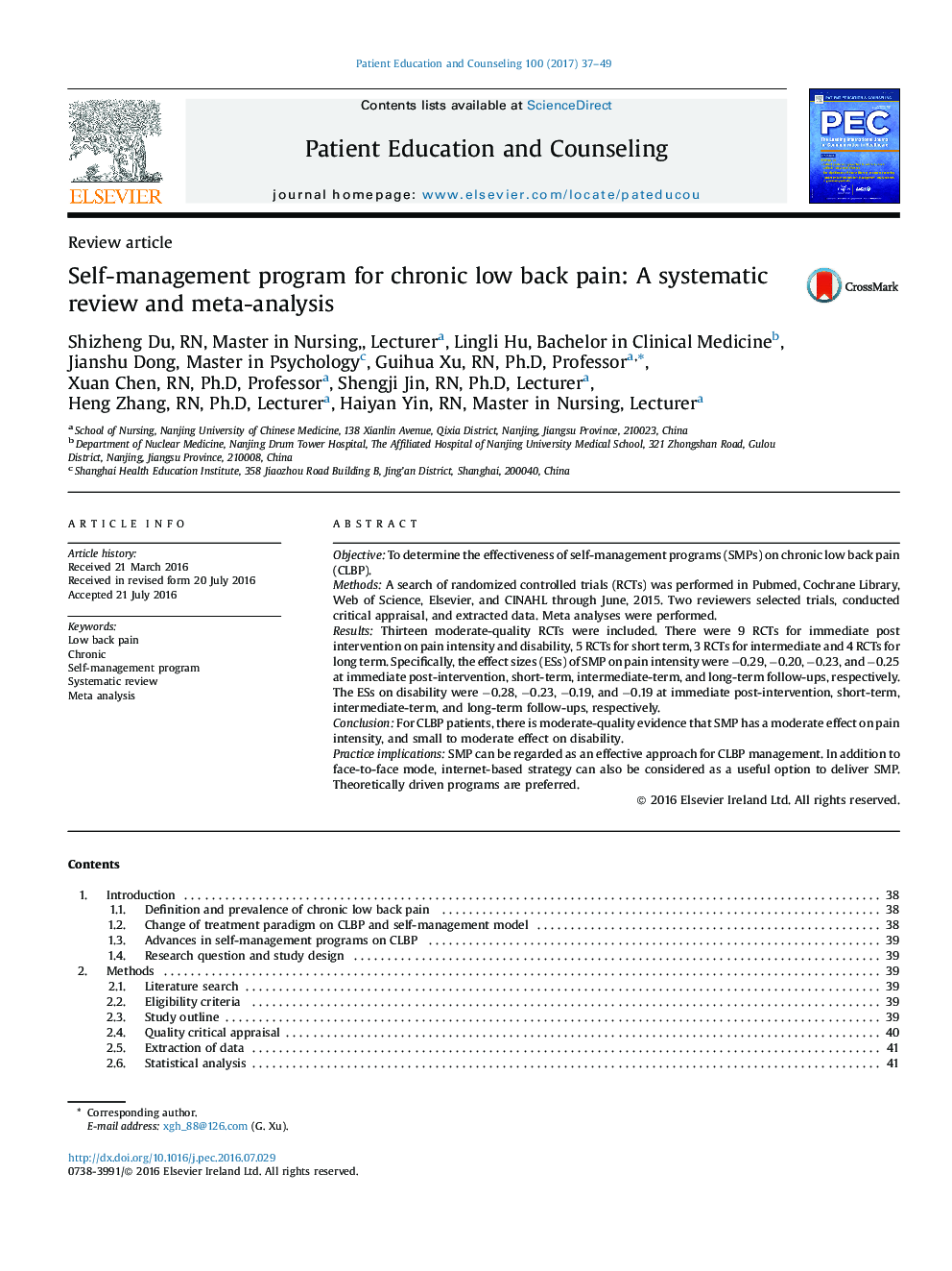Self-management program for chronic low back pain: A systematic review and meta-analysis