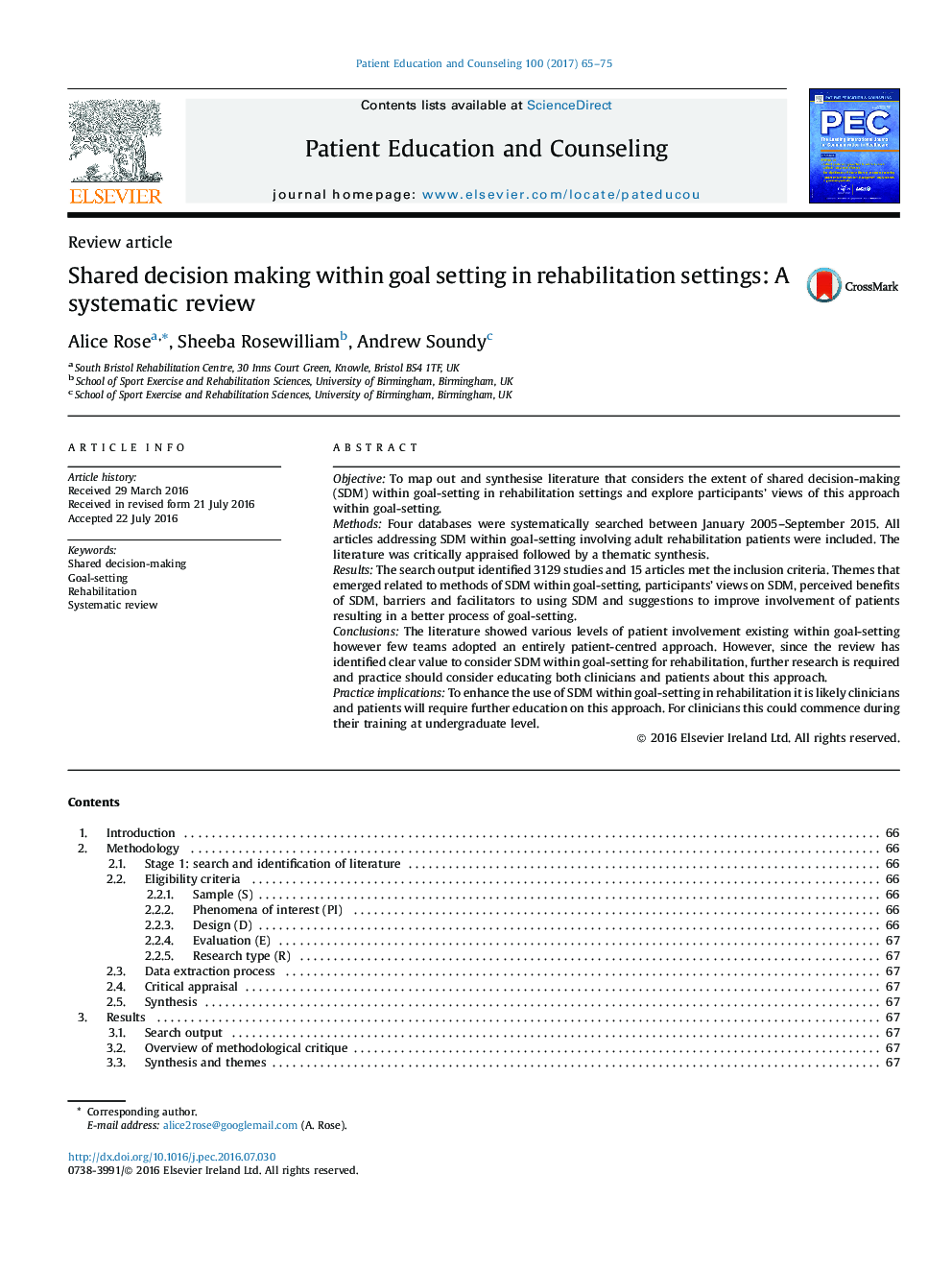 Shared decision making within goal setting in rehabilitation settings: A systematic review