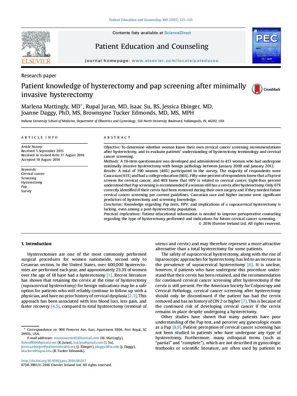 Patient knowledge of hysterectomy and pap screening after minimally invasive hysterectomy