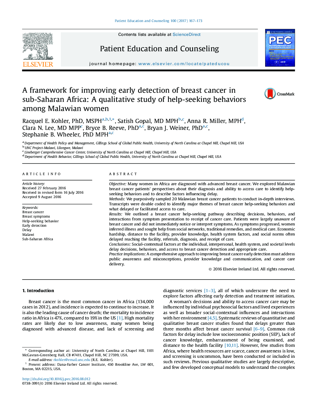 A framework for improving early detection of breast cancer in sub-Saharan Africa: A qualitative study of help-seeking behaviors among Malawian women