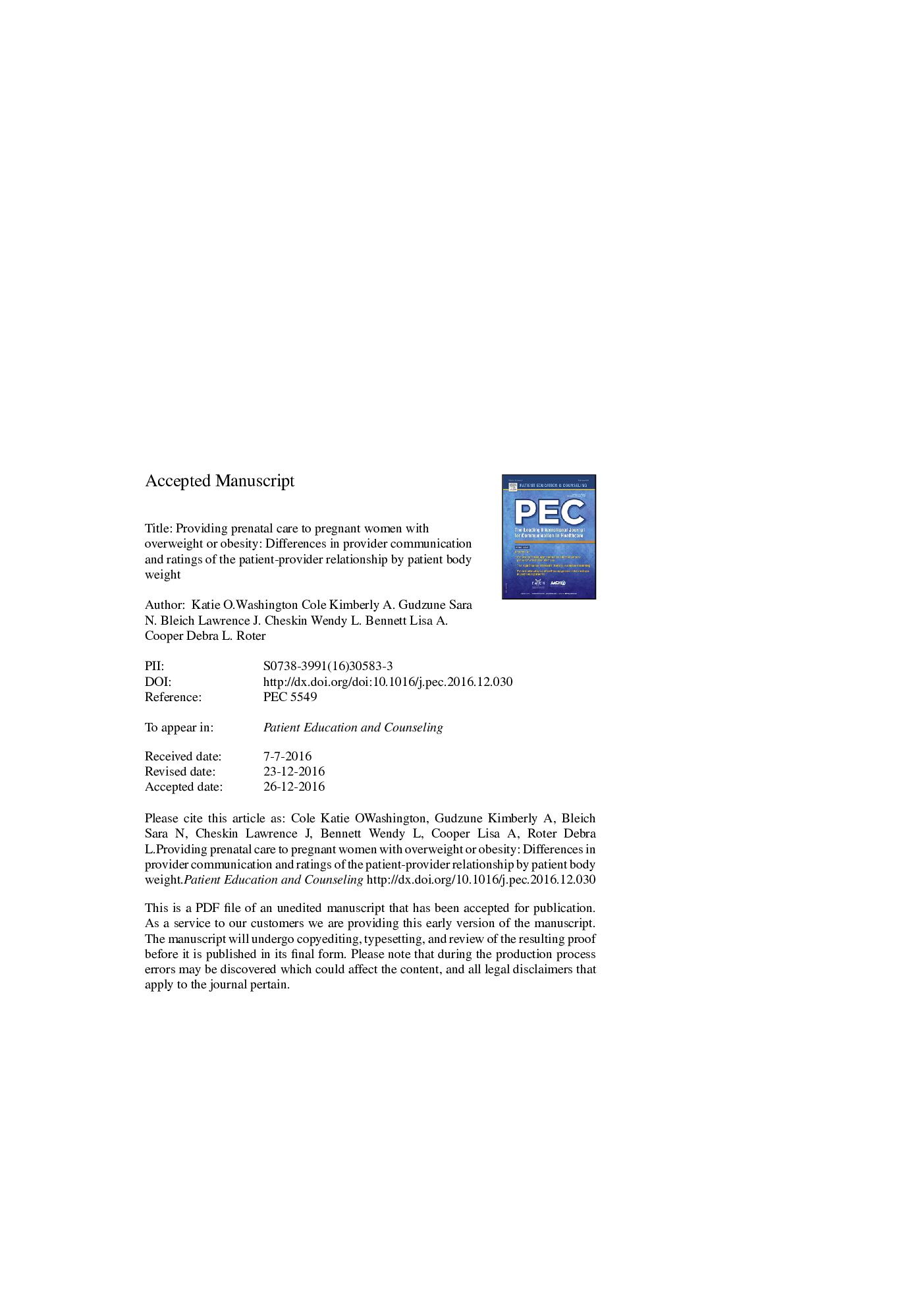 Providing prenatal care to pregnant women with overweight or obesity: Differences in provider communication and ratings of the patient-provider relationship by patient body weight