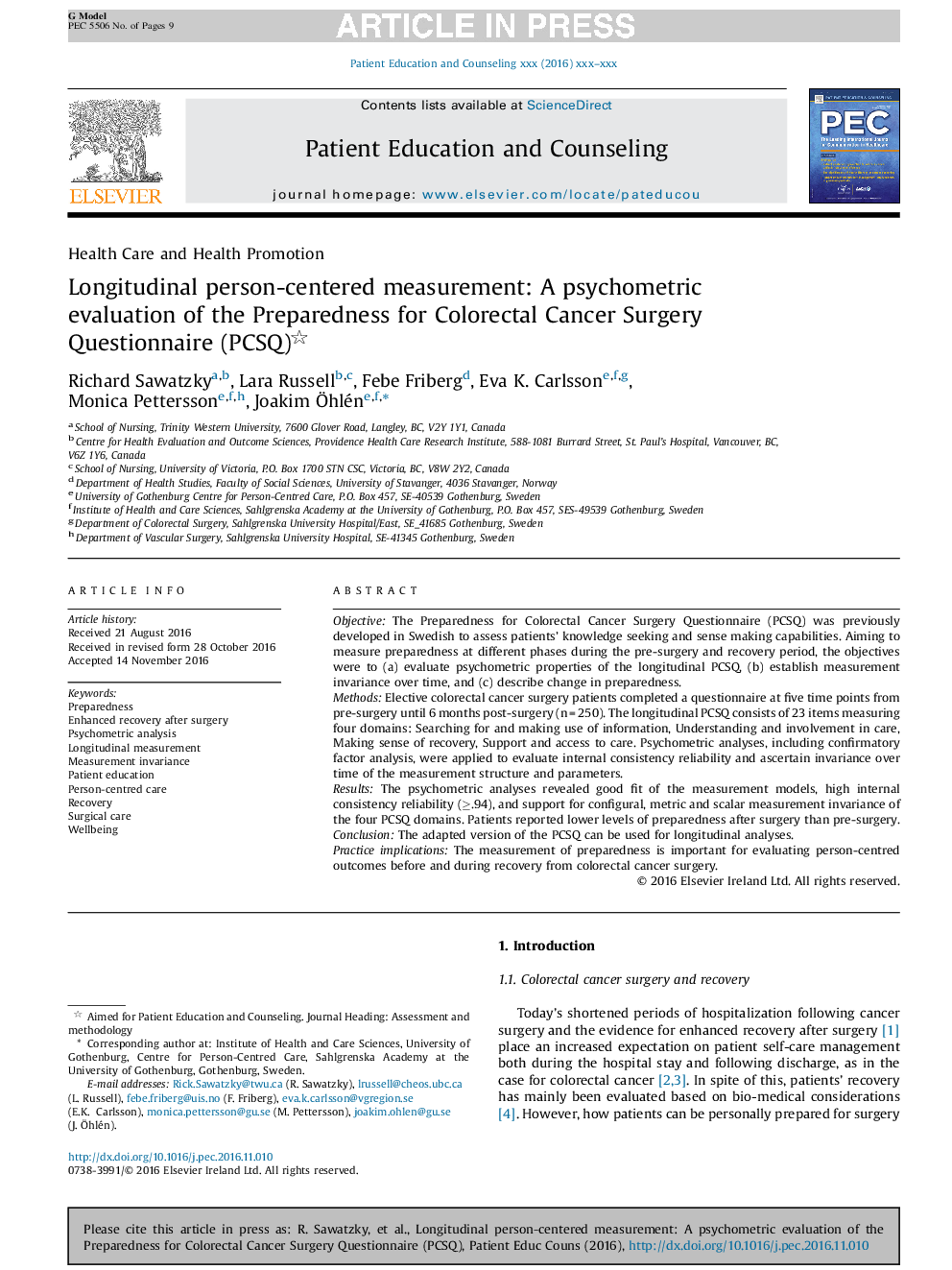 Longitudinal person-centered measurement: A psychometric evaluation of the Preparedness for Colorectal Cancer Surgery Questionnaire (PCSQ)