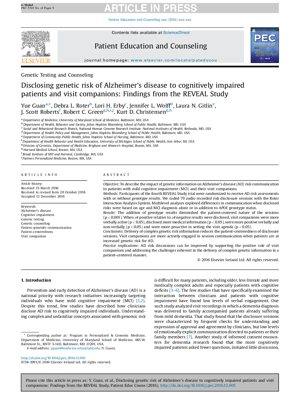 Disclosing genetic risk of Alzheimer's disease to cognitively impaired patients and visit companions: Findings from the REVEAL Study