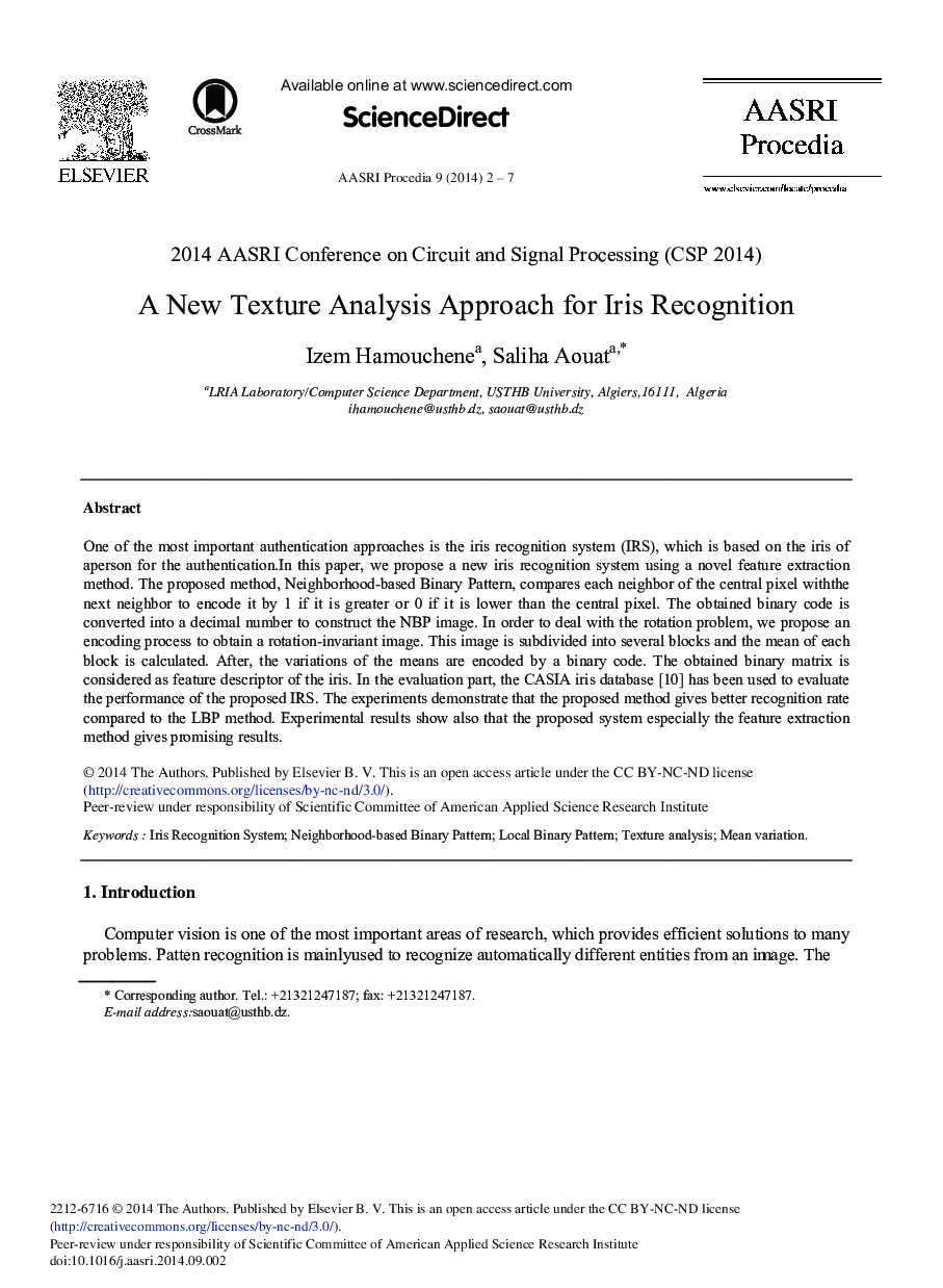 A New Texture Analysis Approach for Iris Recognition 