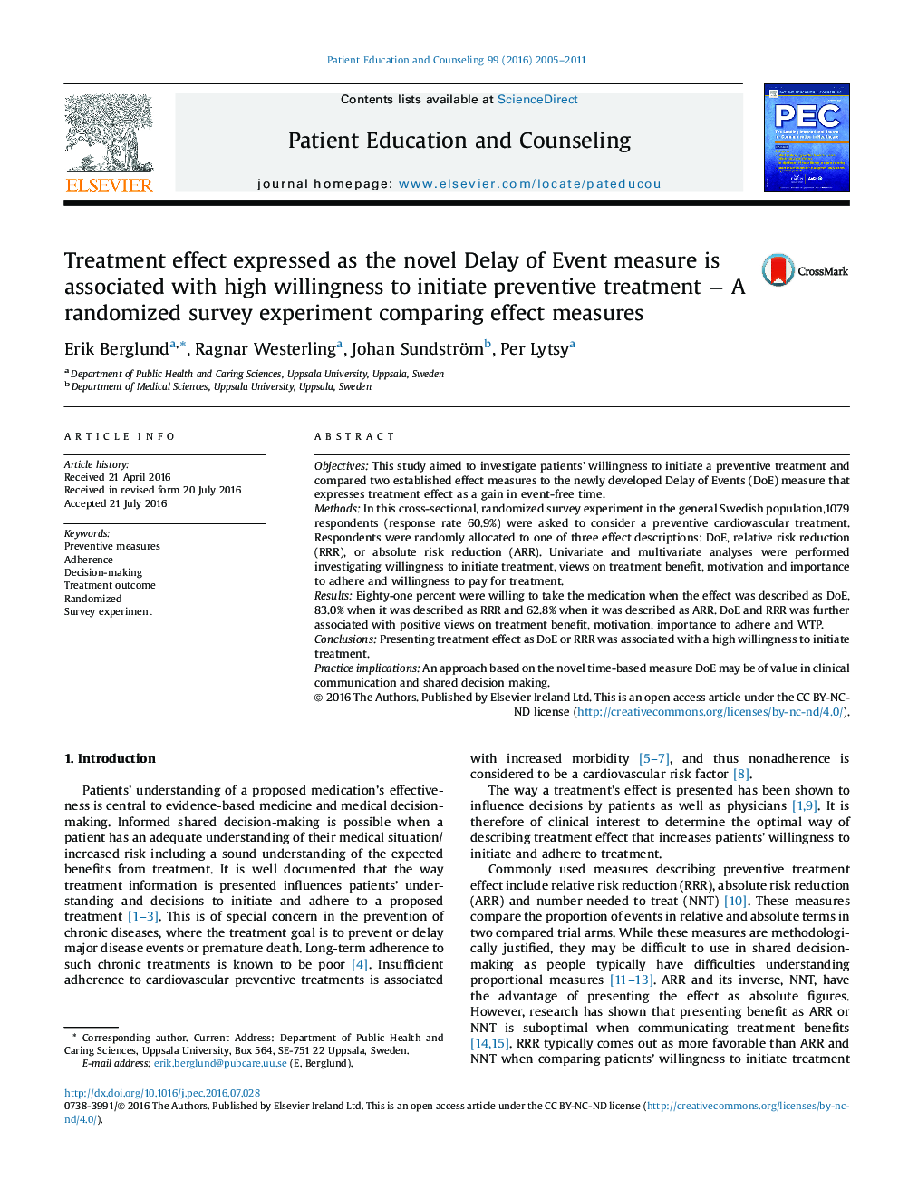 Treatment effect expressed as the novel Delay of Event measure is associated with high willingness to initiate preventive treatment â A randomized survey experiment comparing effect measures