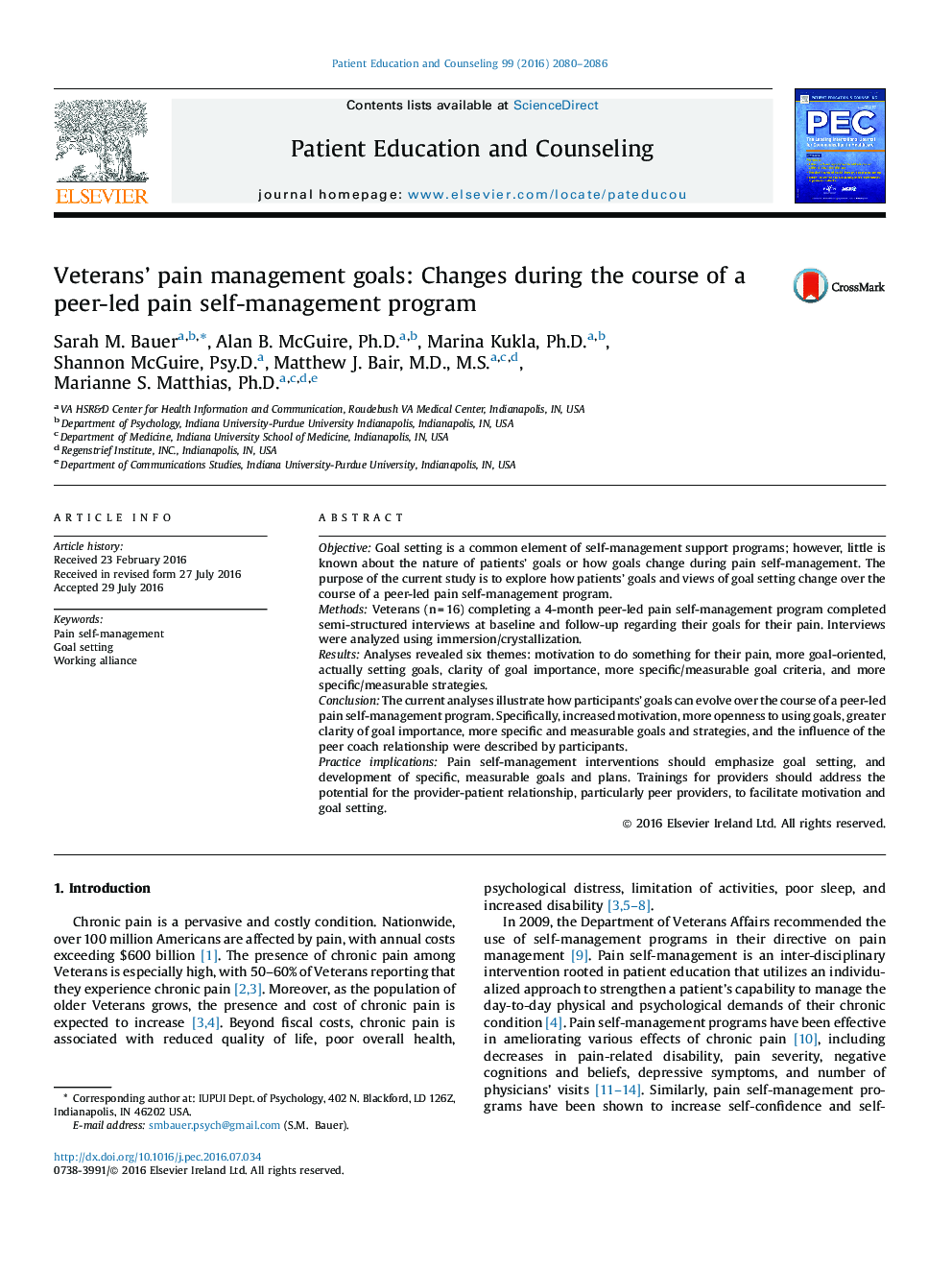 Veterans' pain management goals: Changes during the course of a peer-led pain self-management program