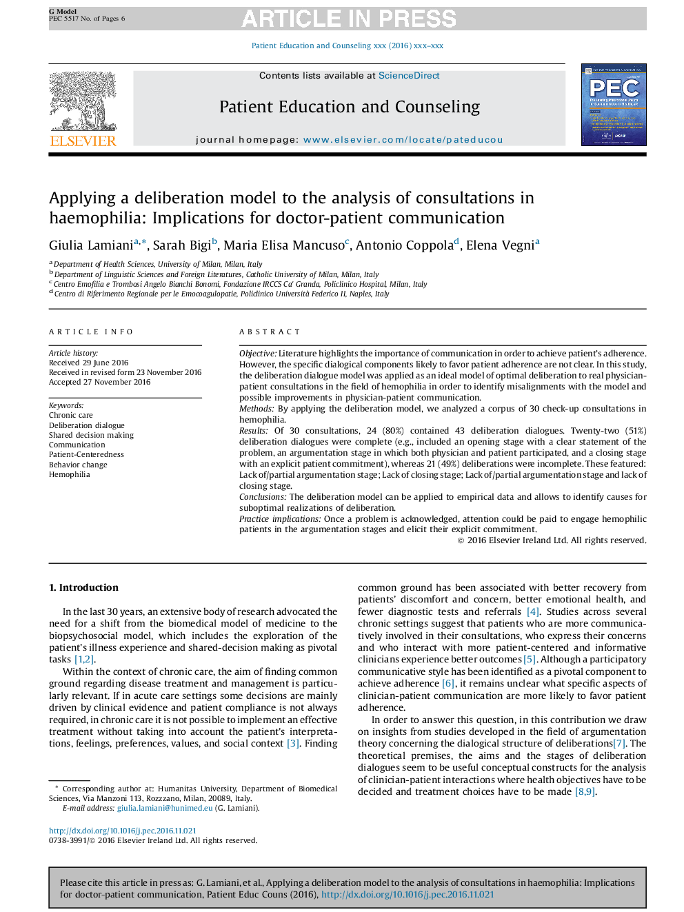 Applying a deliberation model to the analysis of consultations in haemophilia: Implications for doctor-patient communication