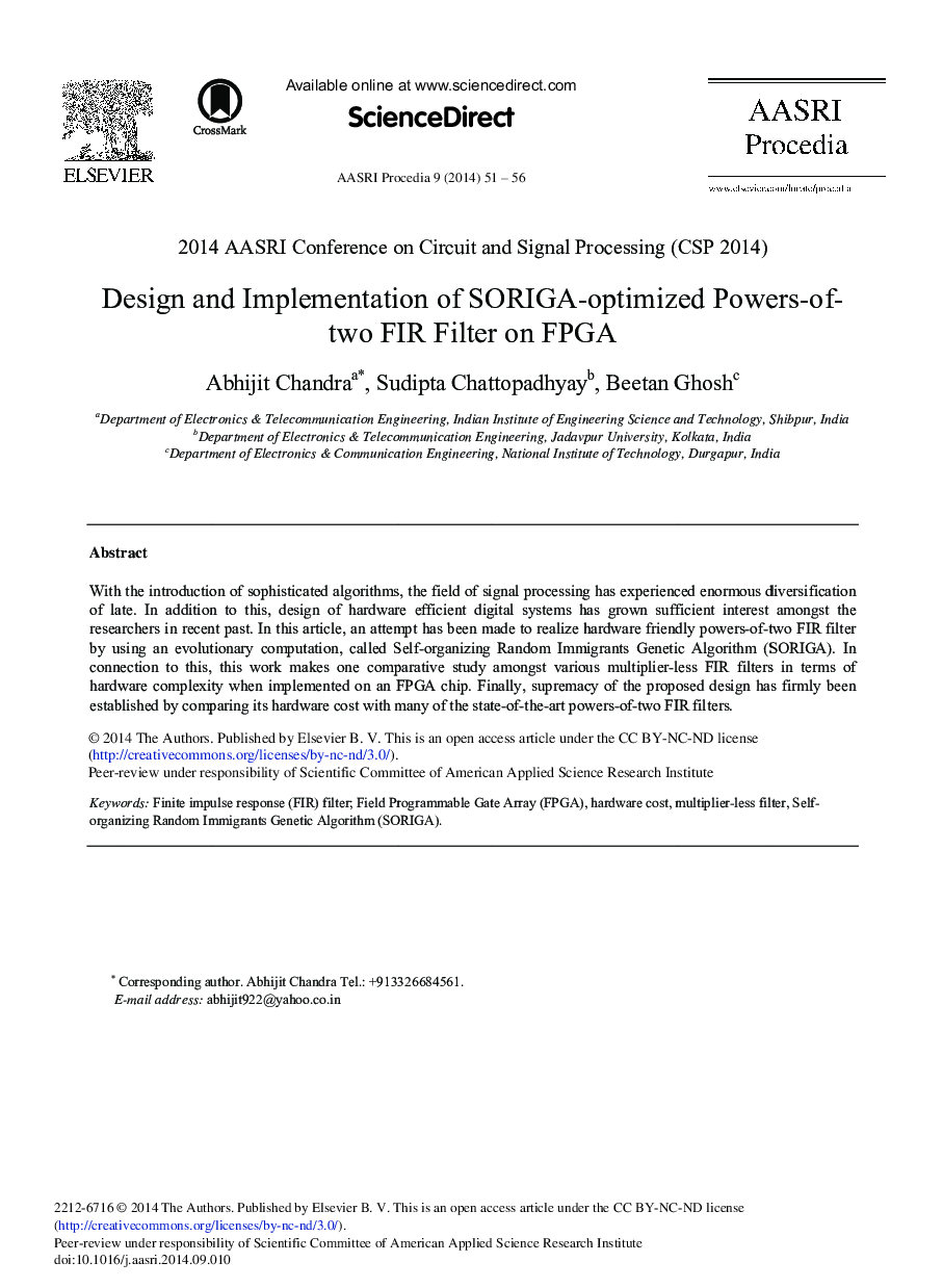 Design and Implementation of SORIGA-optimized Powers-of-two FIR Filter on FPGA 