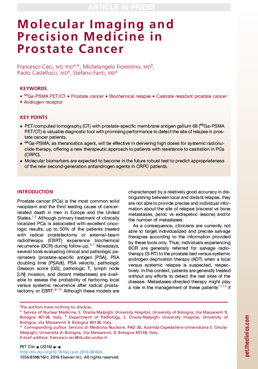 Molecular Imaging and Precision Medicine in Prostate Cancer