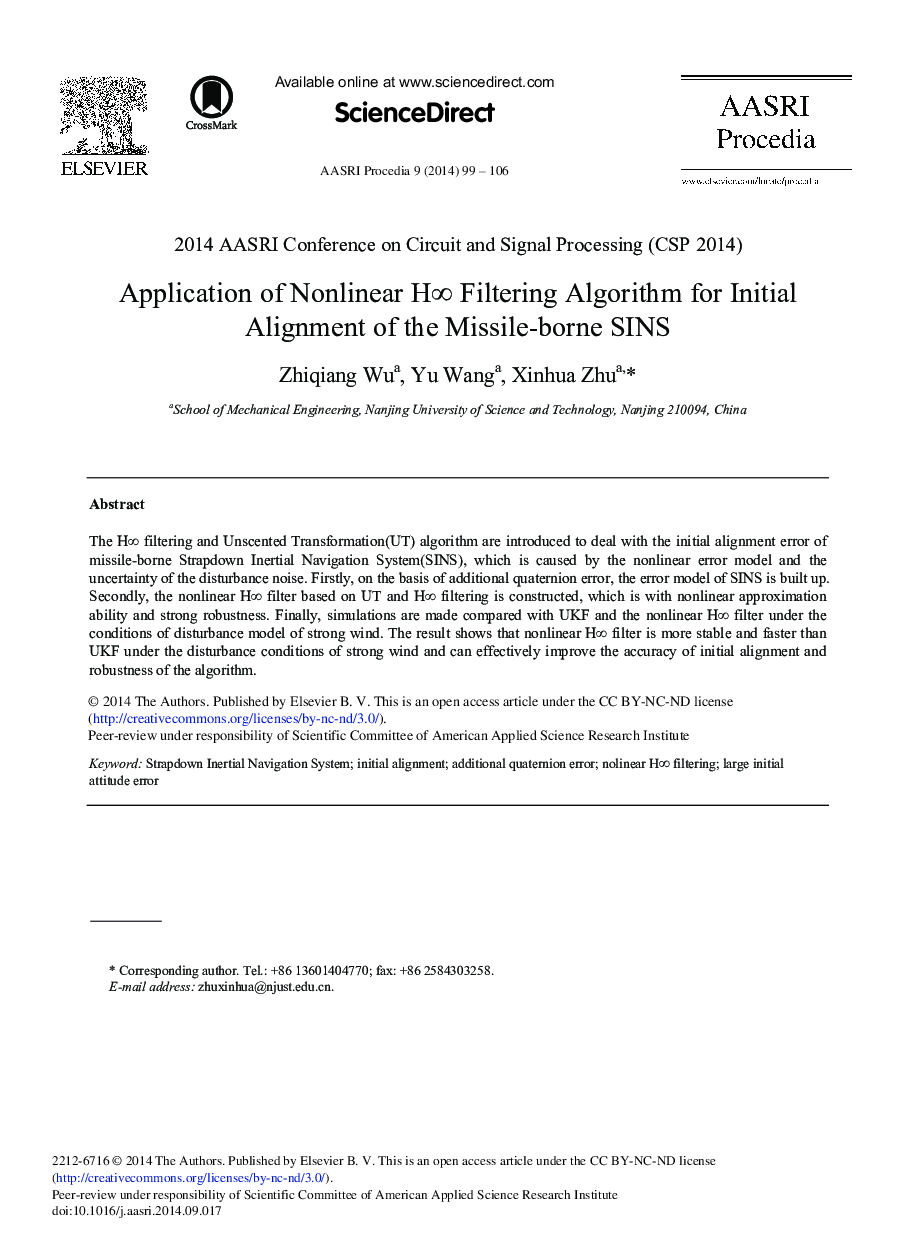 Application of Nonlinear H∞ Filtering Algorithm for Initial Alignment of the Missile-borne SINS 