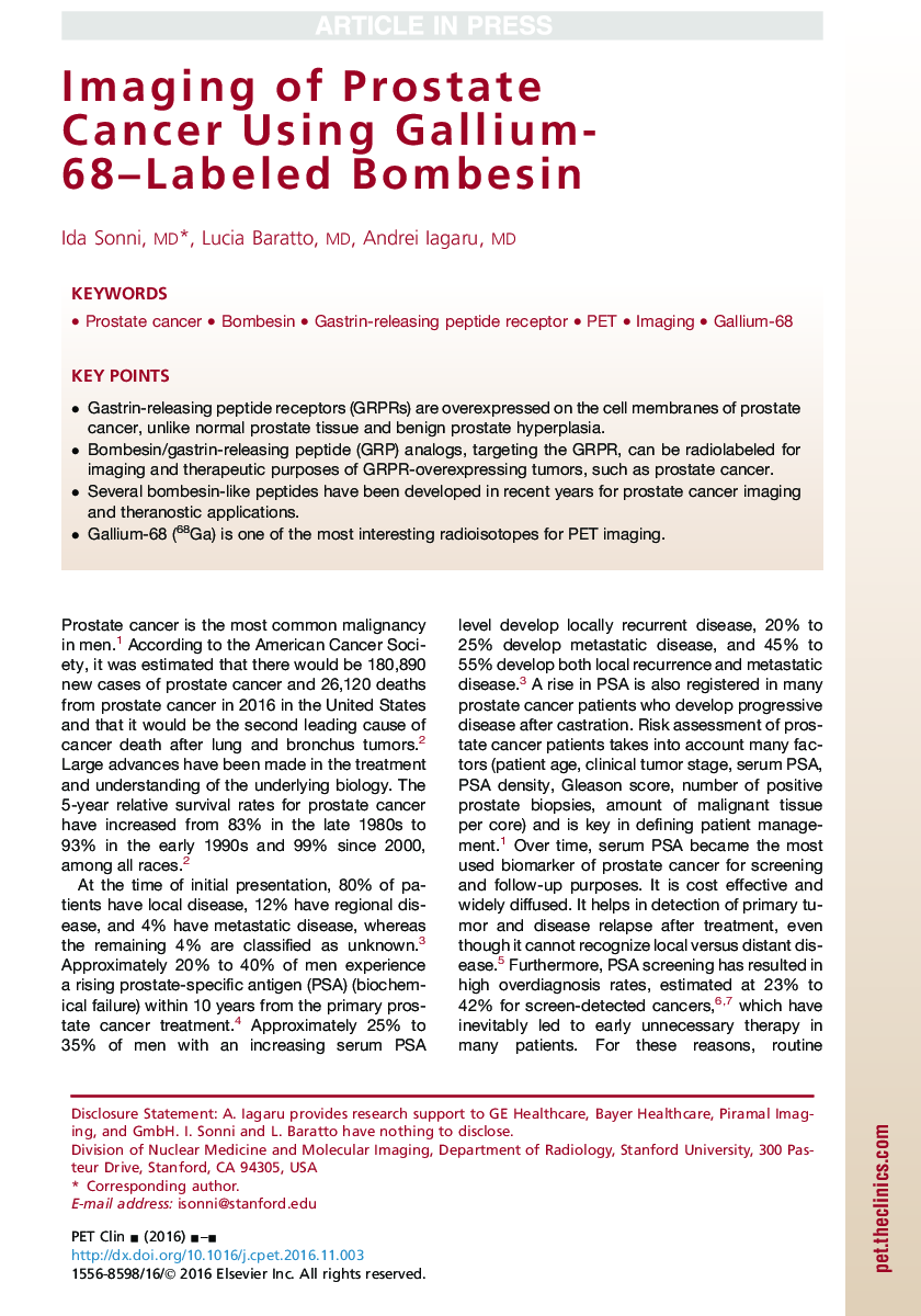 Imaging of Prostate Cancer Using Gallium-68-Labeled Bombesin