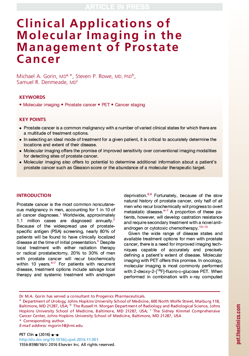Clinical Applications of Molecular Imaging in the Management of Prostate Cancer
