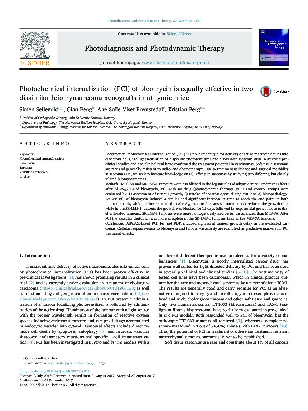 Photochemical internalization (PCI) of bleomycin is equally effective in two dissimilar leiomyosarcoma xenografts in athymic mice