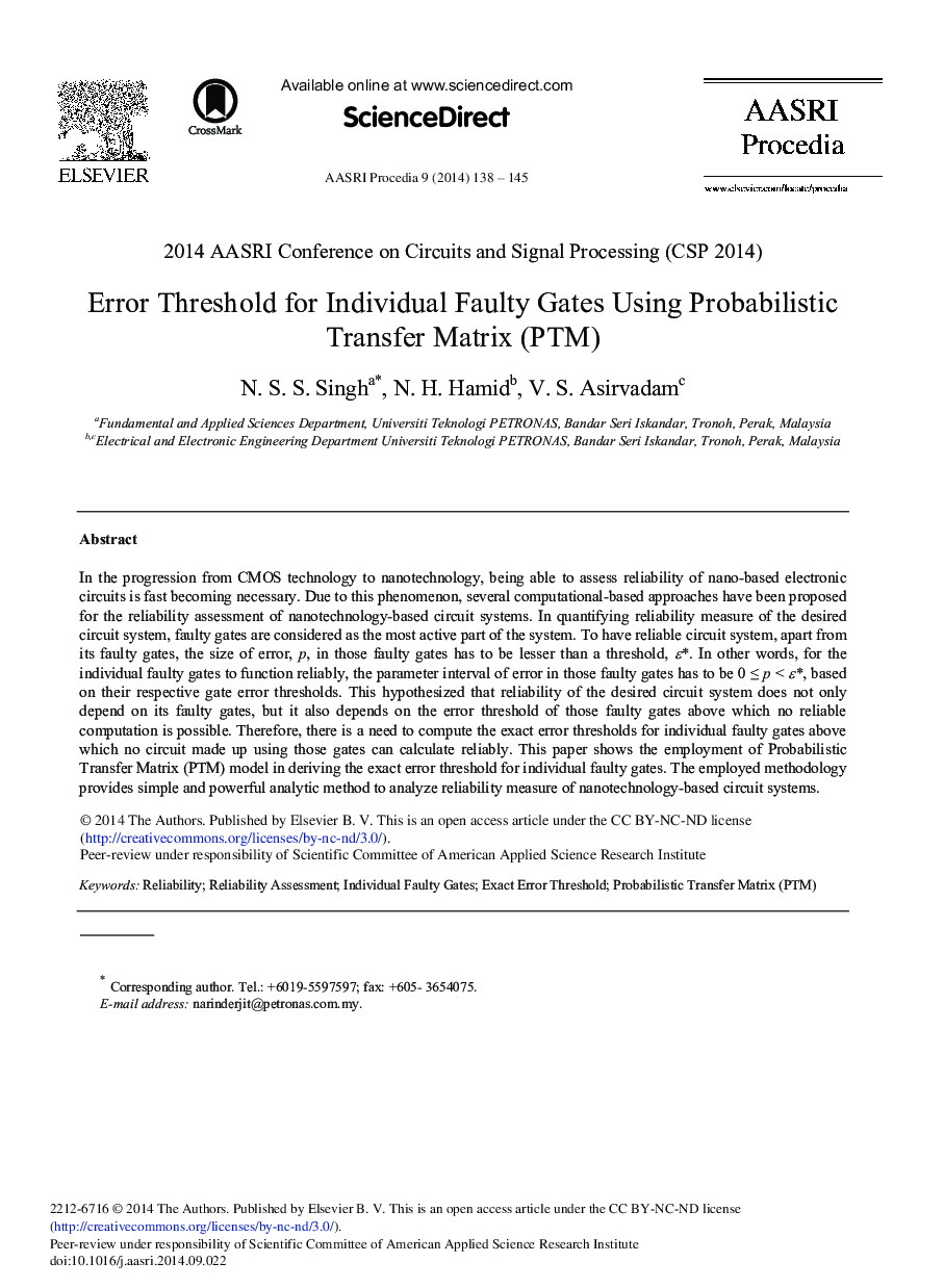 Error Threshold for Individual Faulty Gates Using Probabilistic Transfer Matrix (PTM) 
